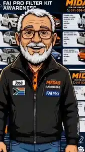 Illustrated character named José wearing a Randburg Midas jacket with the South African flag and FAI Pro logo, standing in front of an FAI Pro Filter Kit chart featuring various vehicles.